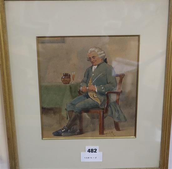 Henry Stacy Marks (1829-1898) watercolour, Georgian gentleman sat at Tavern table, initialled, 24 x 21cm